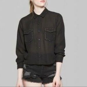 Sheer cropped studded button down